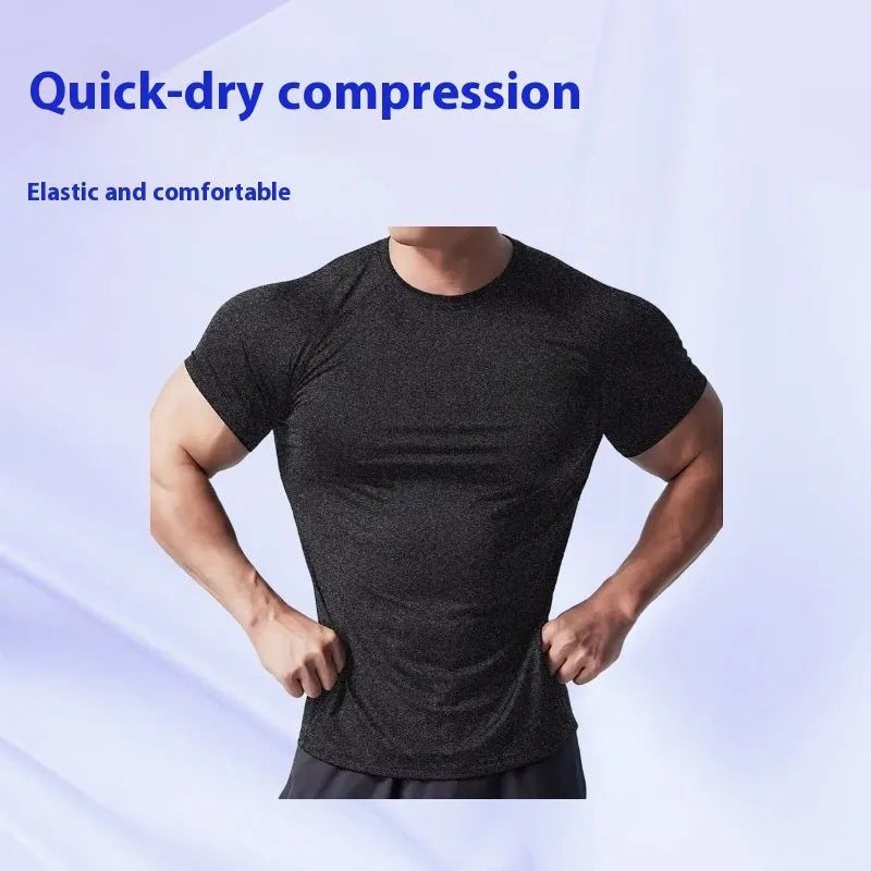 Men's black quick-dry stretch short sleeve running t-shirt on a hanger.