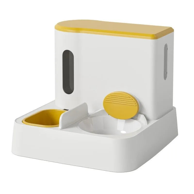 Grey cat automatic pet feeder with integrated double bowl water dispenser