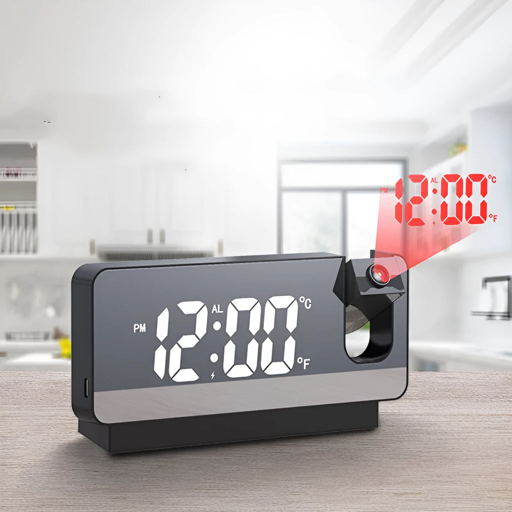 Rectangle 6-inch LED projection alarm clock with plastic mirror display on desk