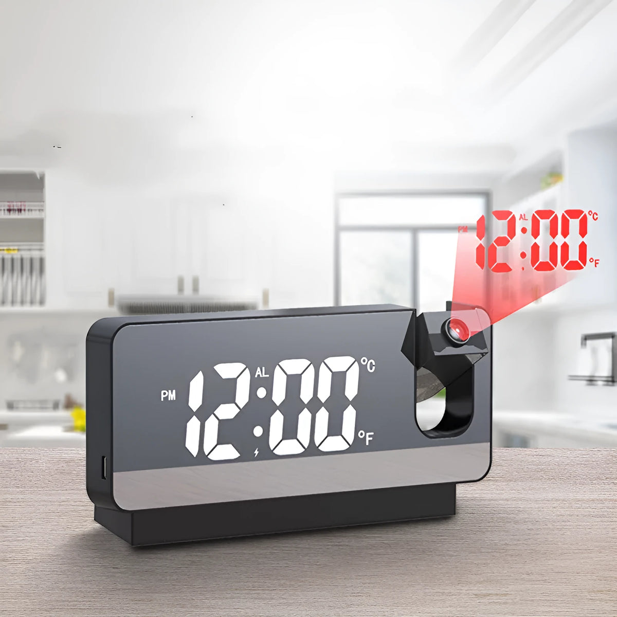 Rectangle 6-inch LED projection alarm clock with plastic mirror display on desk