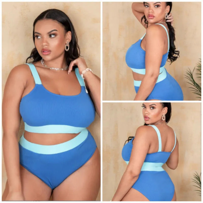 A solid colour women's plus-size bikini set featuring high-waisted briefs.