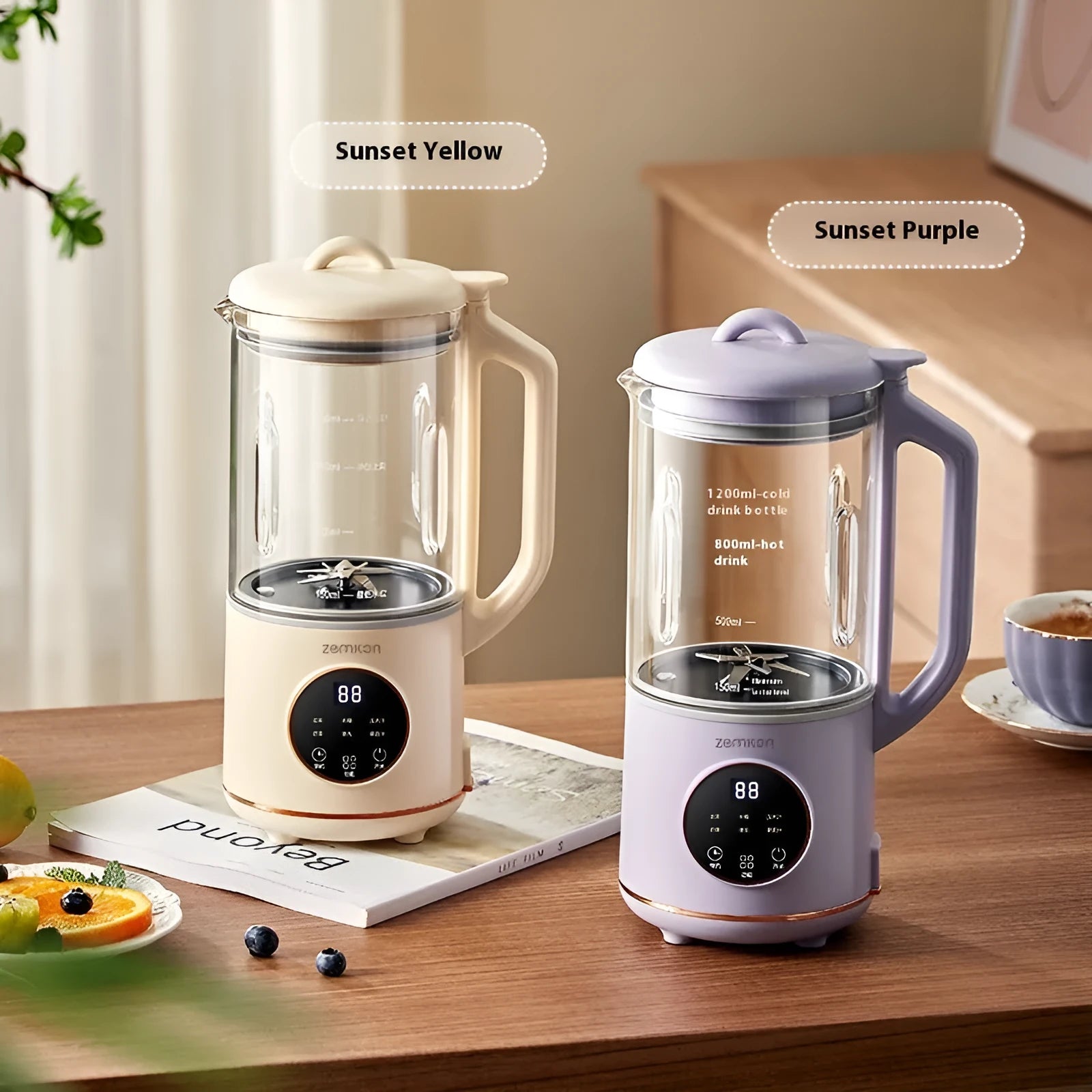 Cytoderm automatic soybean milk maker with glass jug in milky white or light purple.
