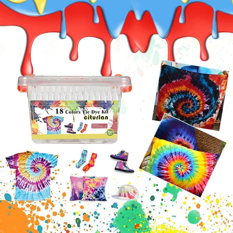 Children's 18 colour dye storage box set with tablecloth, gloves, and rubber bands on white background