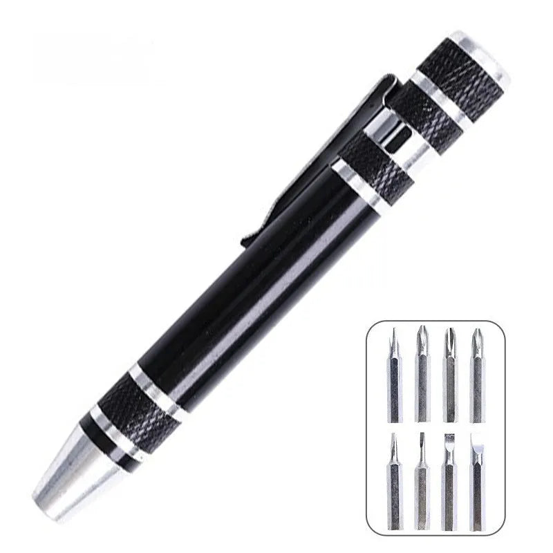 Aluminium alloy pen-type 8-in-1 screwdriver set in assorted colours with chrome vanadium steel shaft.