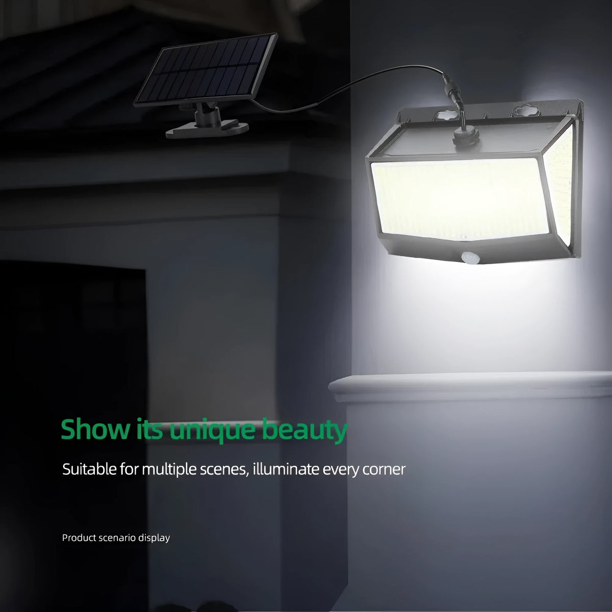 468LED separate-body solar wall light with motion sensor on brick wall