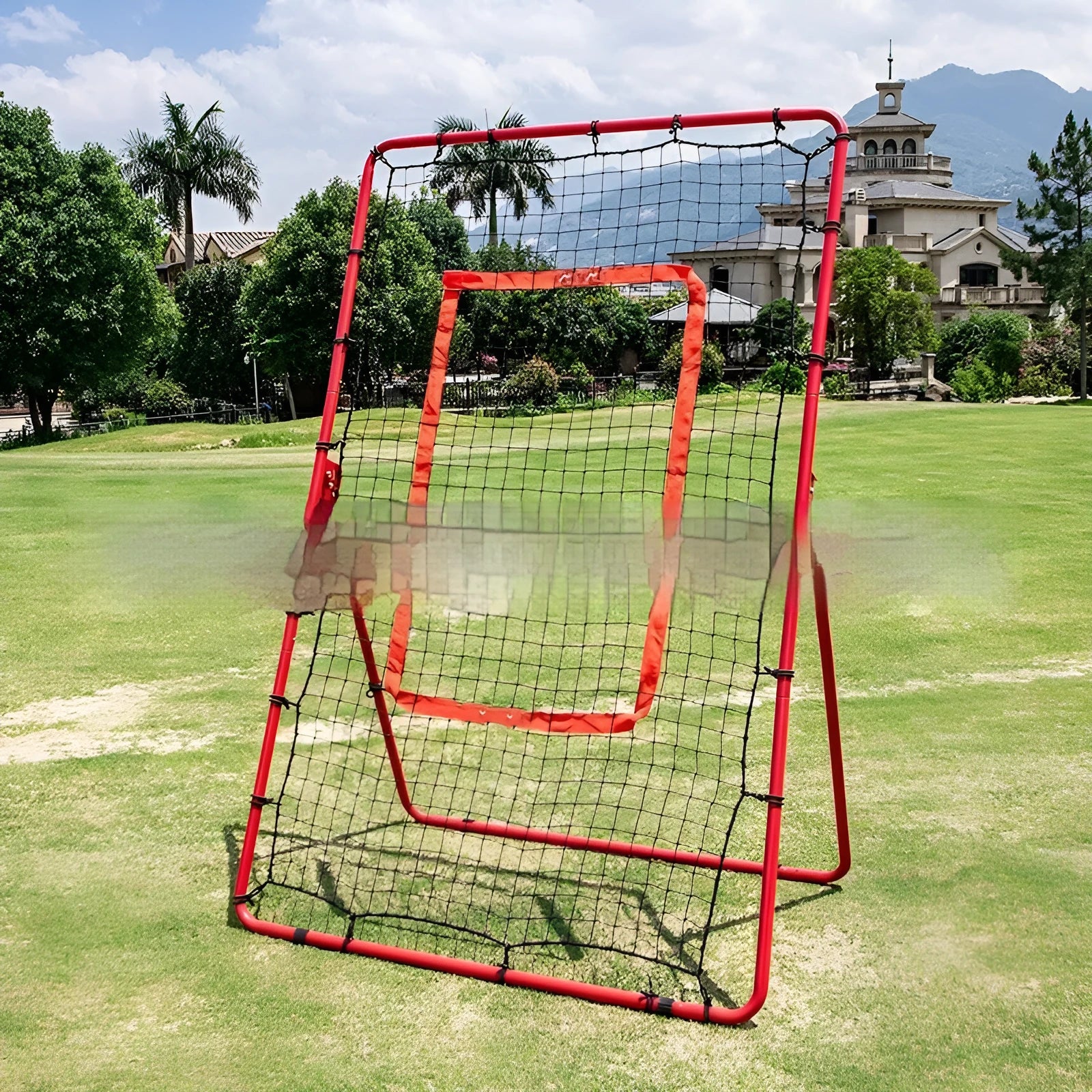 Red portable baseball training net with adjustable metal frame, folded to show its compact size.