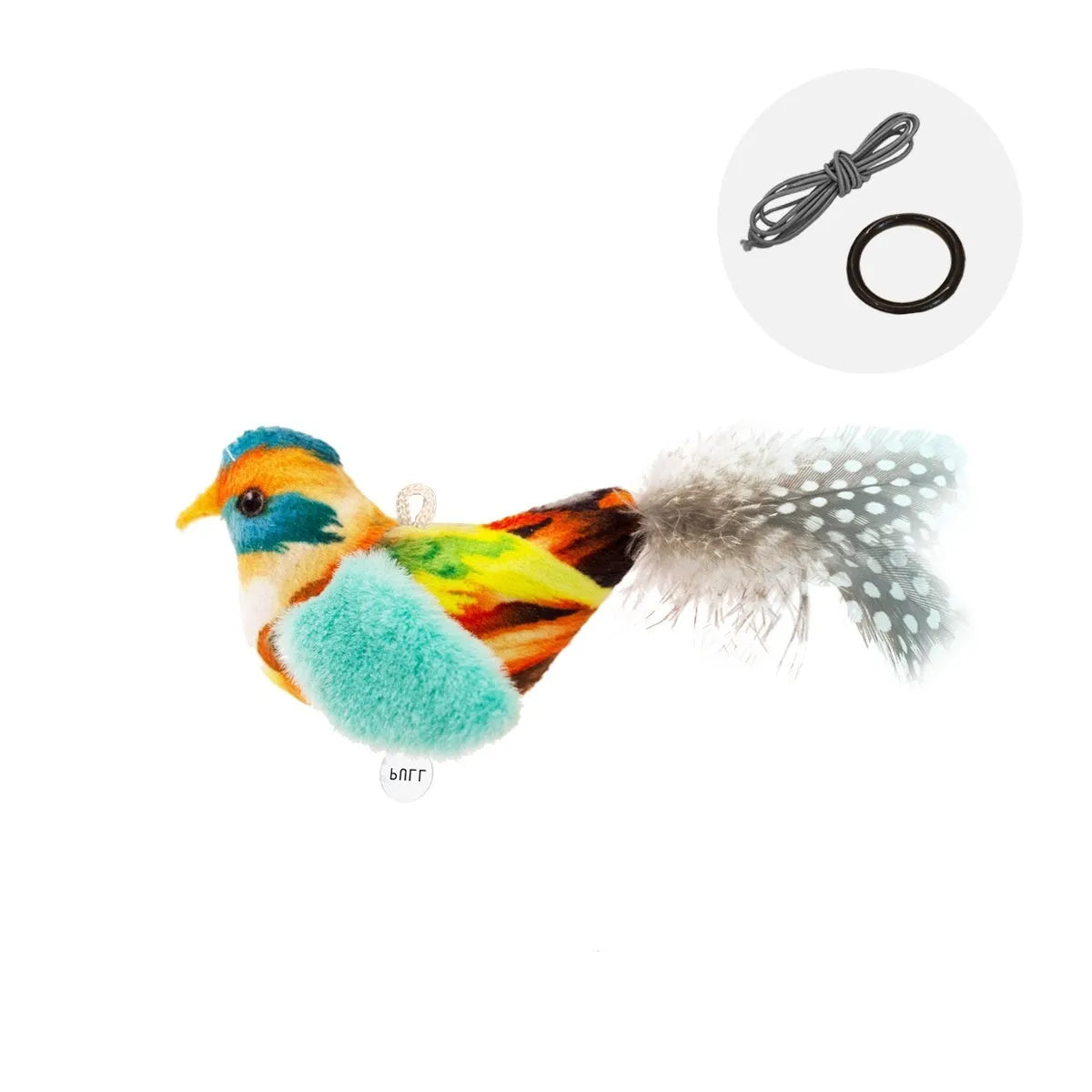 Bird simulation cat plush toy in four colour variations: colourful bird, sparrow, blue kingfisher, yellow bird