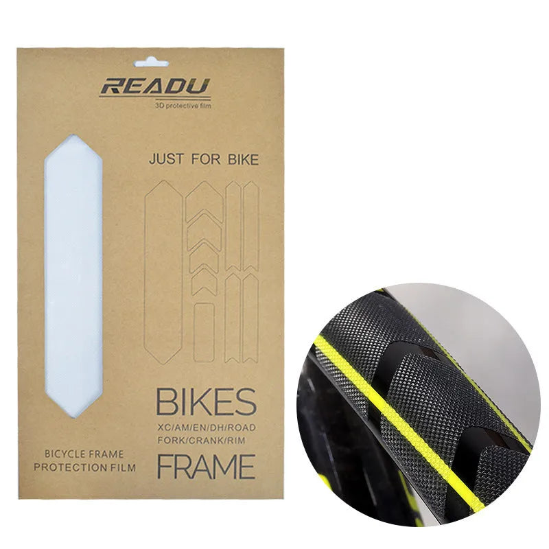 Mountain bike frame protective film in various pattern options including Charming Girl and Magic Big Mouth designs