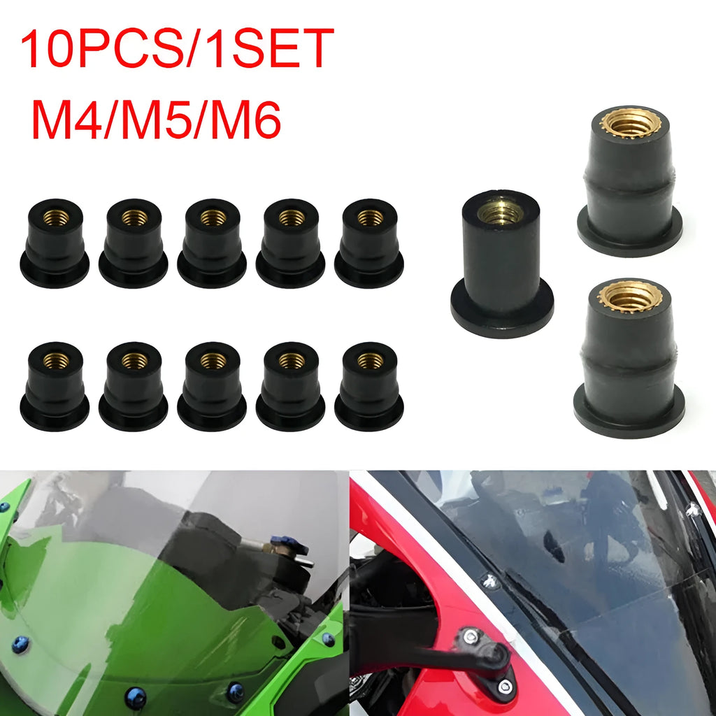 Ten black rubber brass expansion nuts for motorcycle windshield mounting in M4, M5, and M6 sizes.