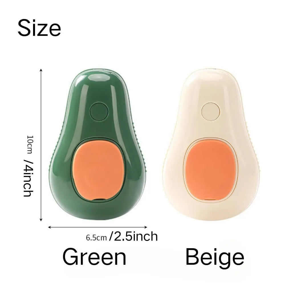 Green and white rechargeable cat steam brush with silicone teeth and water spray nozzle.