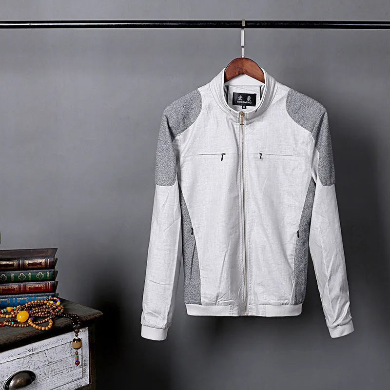 Men's thin linen jacket in cotton fabric showing regular fit with heather grey, grass green and blue colour options