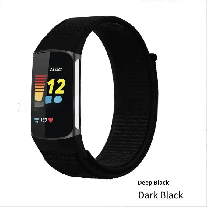Elastic nylon woven canvas watch band for Fitbit Charge 5 or 6 in Seashell colour on a white background