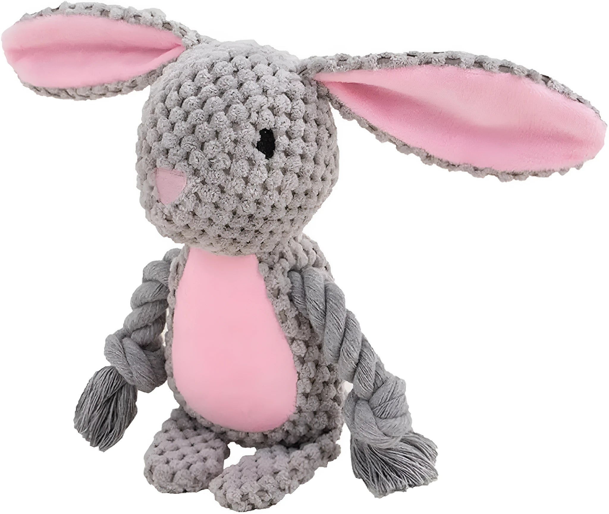Plush dog toy with a cotton rope tail, shown in Elephant, Fox, Monkey, Pig, and Rabbit designs.