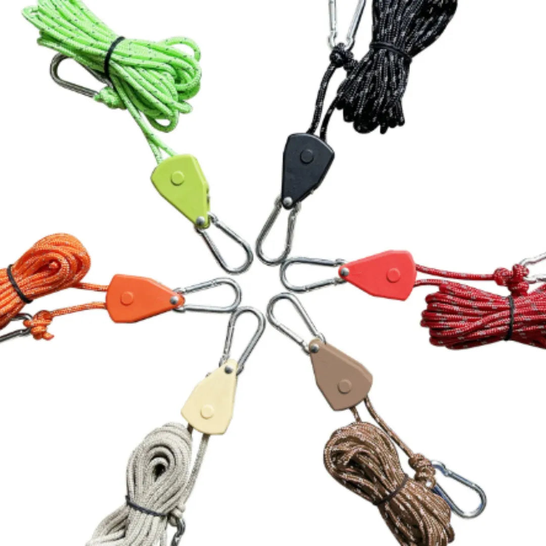 Outdoor tent rope pulley adjuster with metal adjuster and nylon guy rope in army green colour