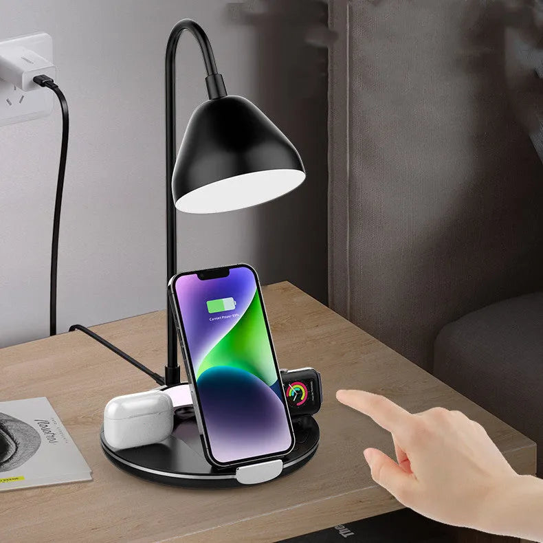 Black magnetic folding wireless charger stand showing adjustable angles for device viewing while charging