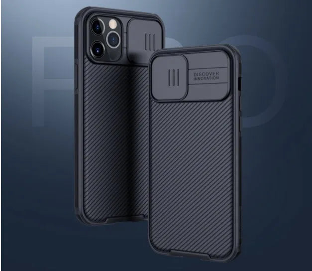 Black Mirror Series iPhone 12 phone case with sliding camera cover in black colour