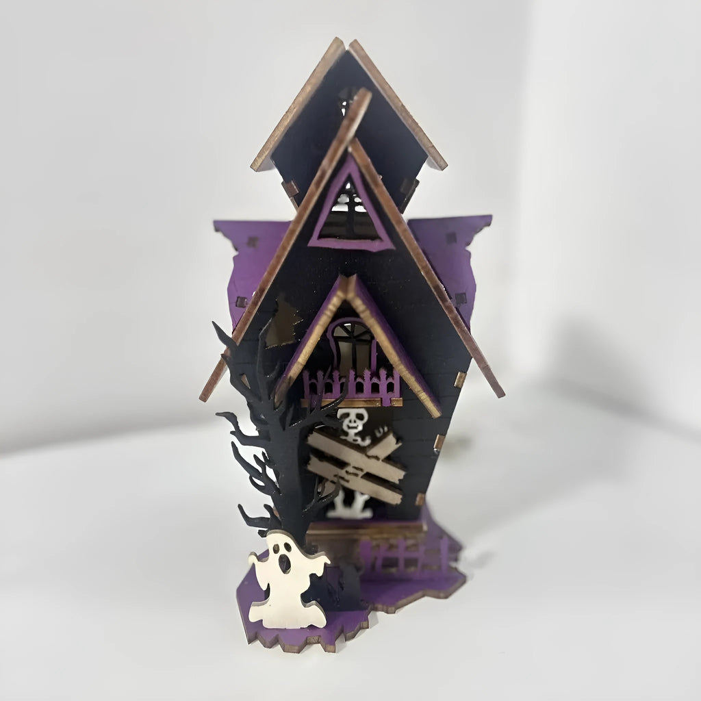 Wooden DIY glowing haunted house Halloween table decoration with luminous details
