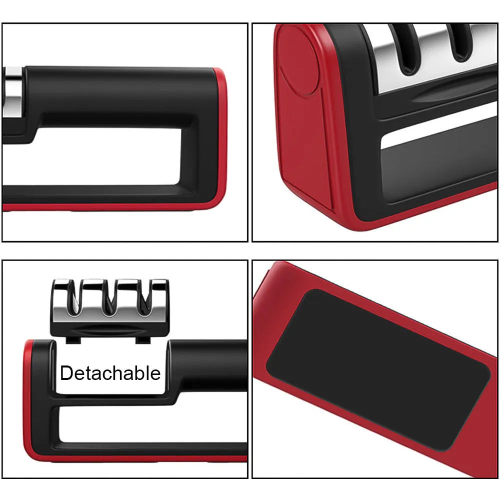 Black and red professional three-stage diamond knife sharpener on a kitchen countertop
