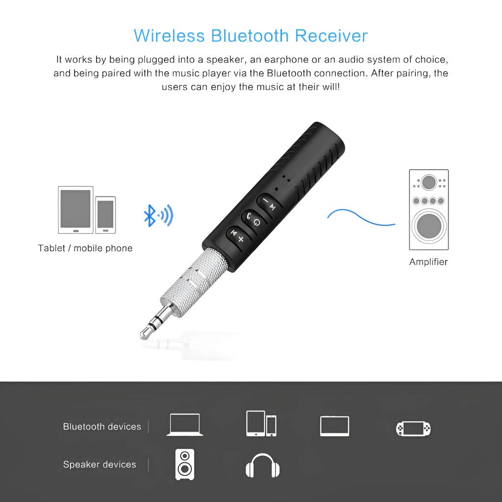 Black Bluetooth 4.1 car audio receiver with 3.5mm AUX jack for wireless music streaming