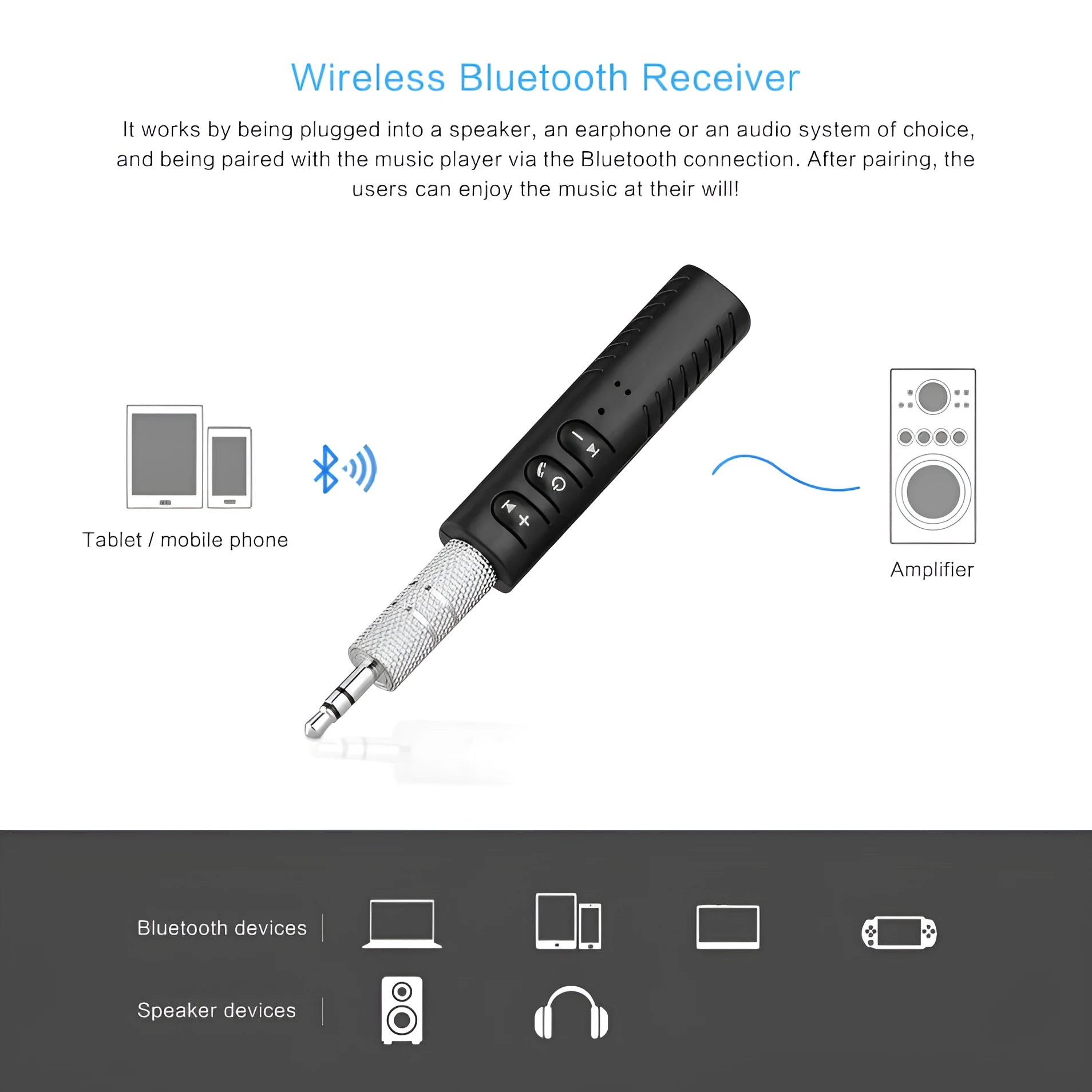 Black Bluetooth 4.1 car audio receiver with 3.5mm AUX jack for wireless music streaming