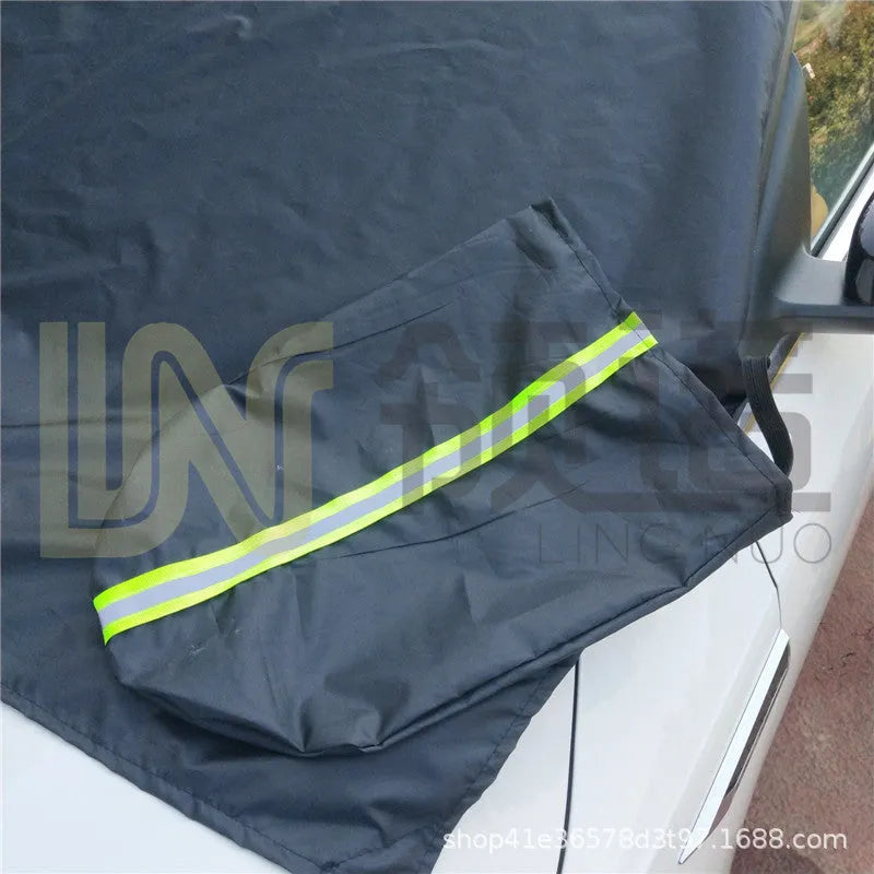Magnetic car snow shield in black, 215x150x125cm size, on windshield for snow and frost protection