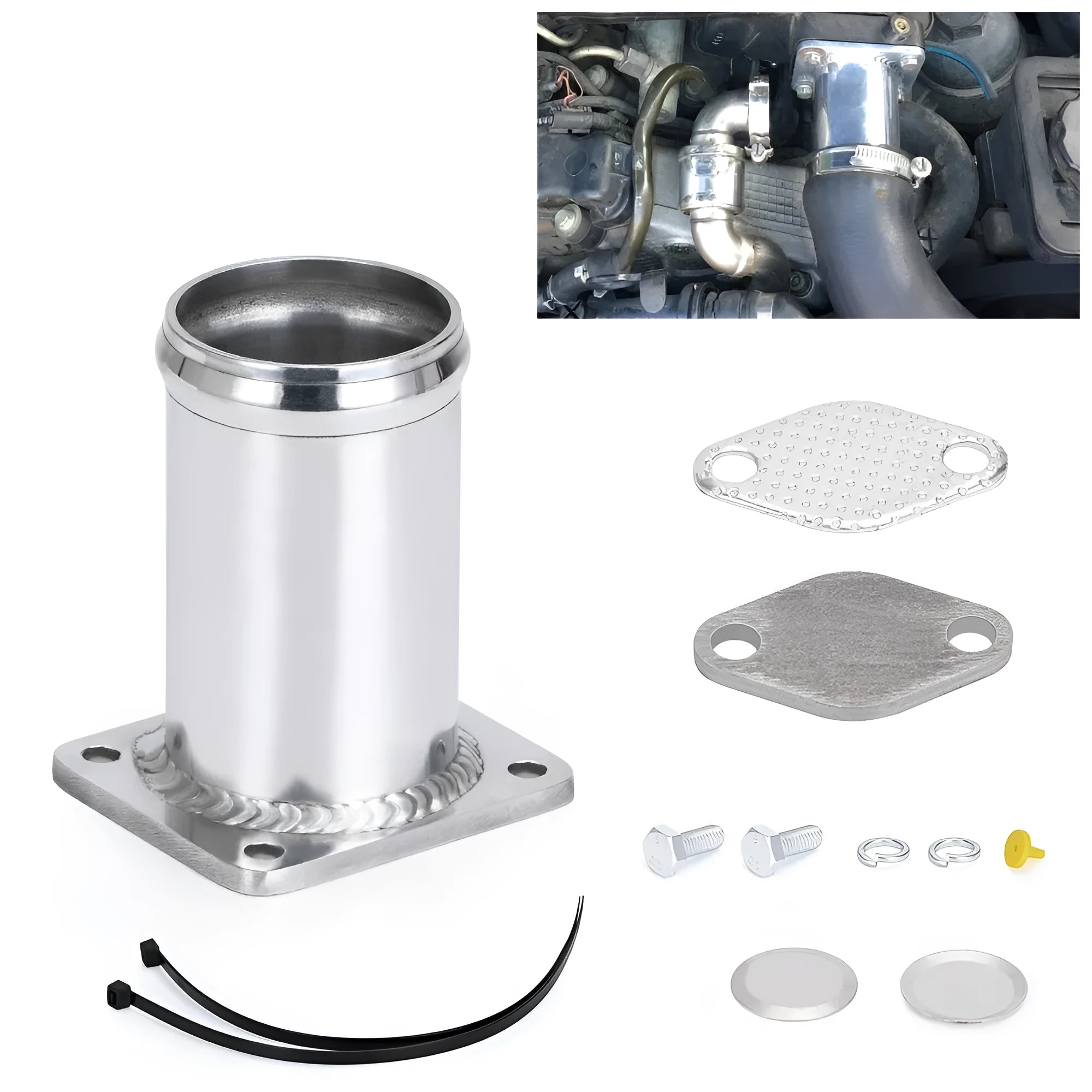 BMW E46 diesel EGR delete kit showing removal tube, blanking plates, vacuum plug, bolts, washers, and cable ties