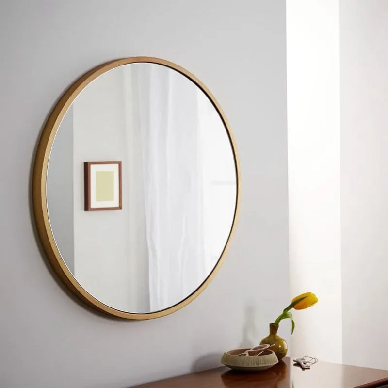 Round iron-framed bathroom wall mirror in black, gold, or white, shown in 30cm and 60cm sizes.