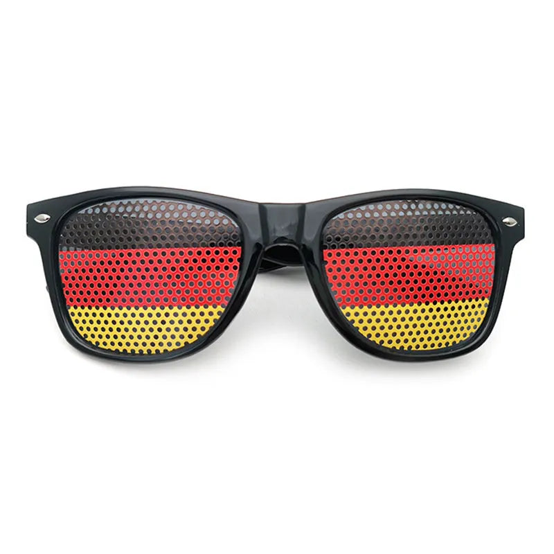Black frame sunglasses with small hole flag sticker decorations showing national designs