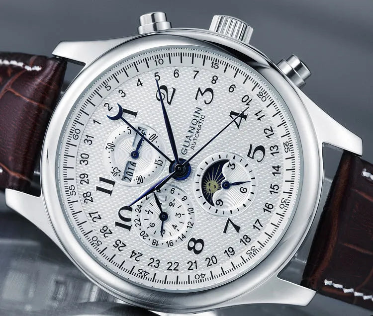 Men's mechanical perpetual calendar watch with moon phase display on black leather strap