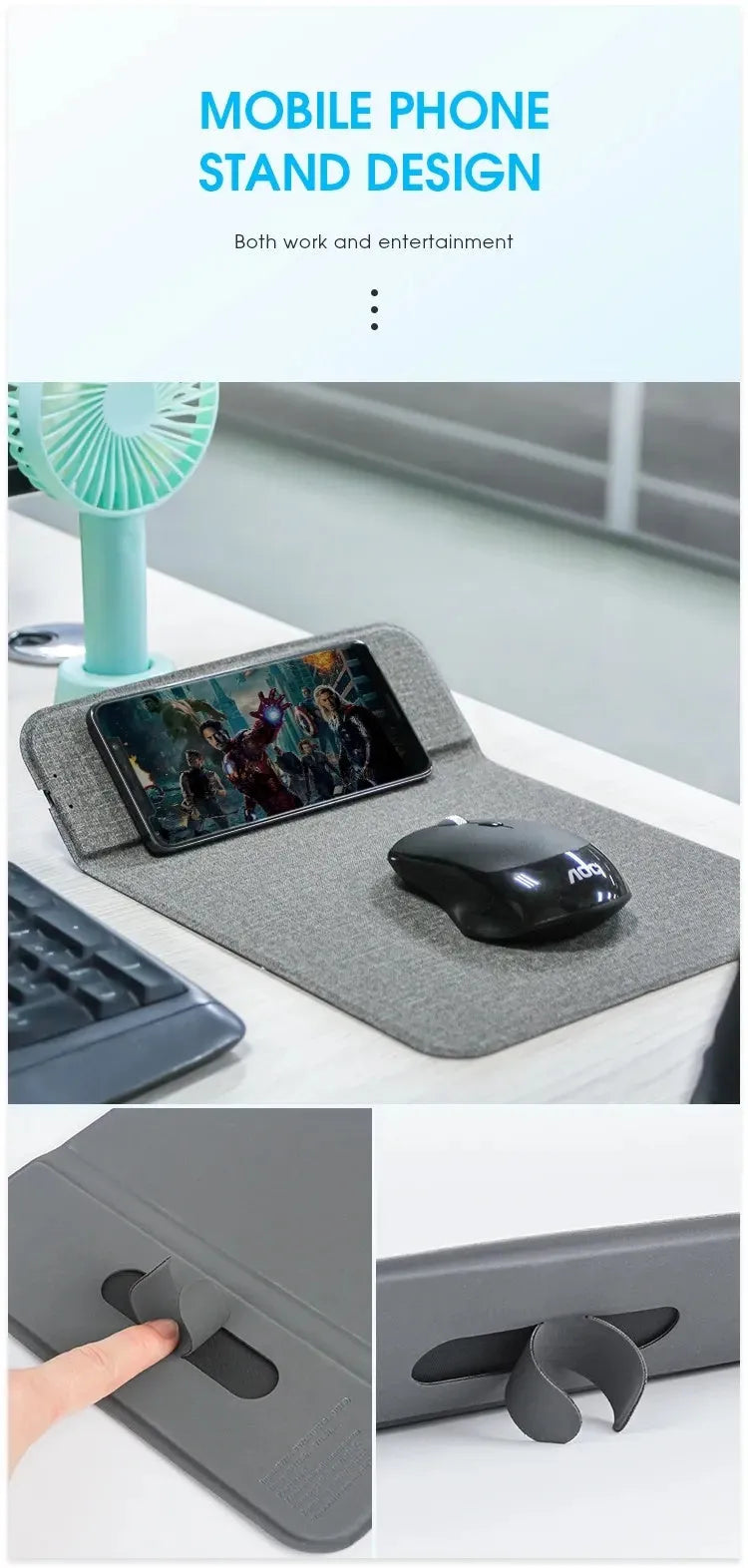 Grey foldable fabric phone holder for 10W wireless charging, shown open on a desk.