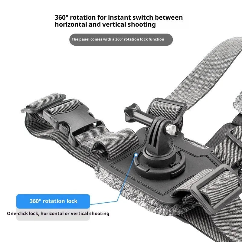 Chest mount for dual-camera action camera setup with adjustable strap, phone clip, and anti-shake rope
