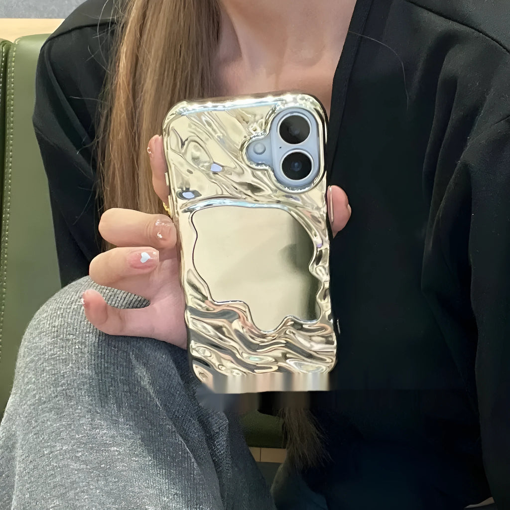 Solid colour iPhone case with water ripple texture and a small mirror, shown on a phone.