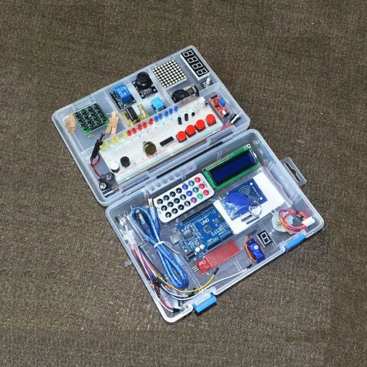 RFID upgraded Arduino starter kit with stepper motor, UNO board, breadboard, sensors, and LCD modules