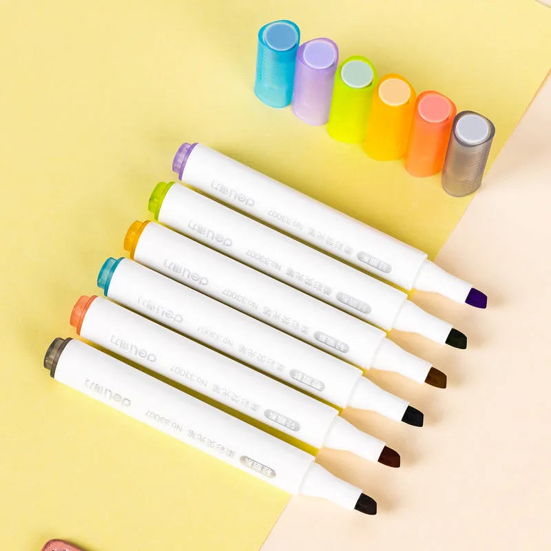 Deli S605 highlighter pen set showing six macaron coloured pens with oblique fibre nibs