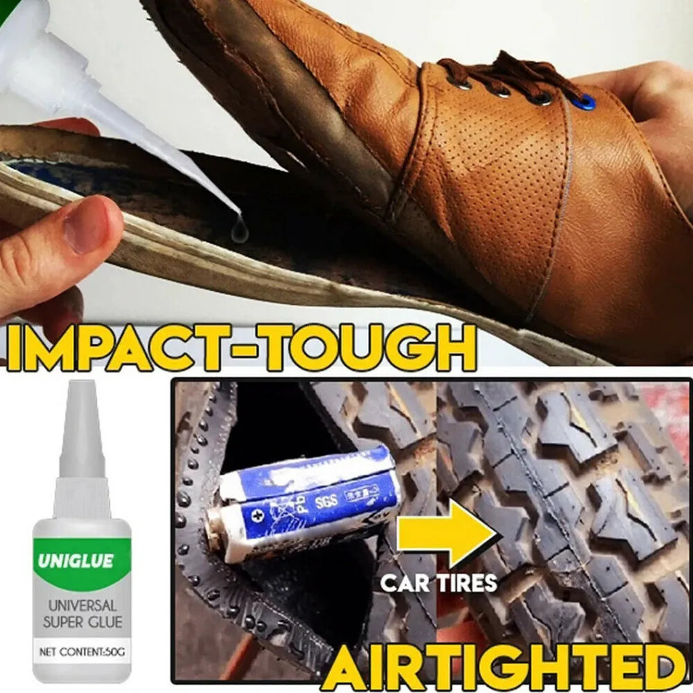 Bottle of Uniglue Universal Super Glue with a pinpoint nozzle, shown repairing a cracked ceramic mug.