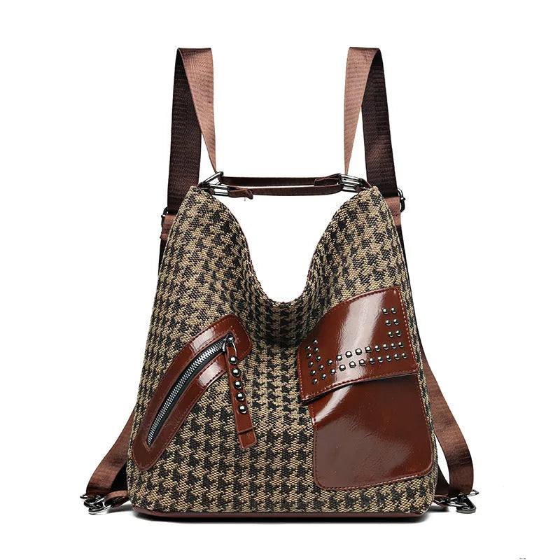 Medium houndstooth nylon backpack for women with rivet design and zipper opening in Leopard Pattern