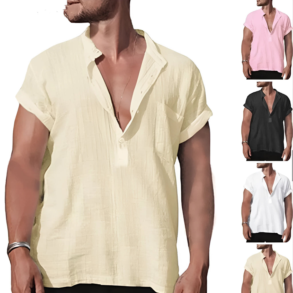 Loose stand neck short sleeve shirt in solid colour with pocket, 80% flax, sizes S-XXXL