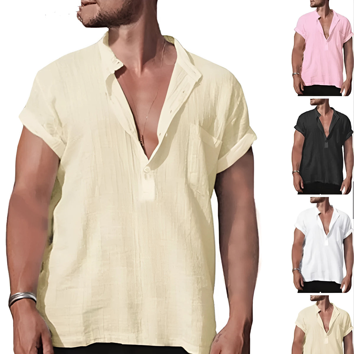 Loose stand neck short sleeve shirt in solid colour with pocket, 80% flax, sizes S-XXXL