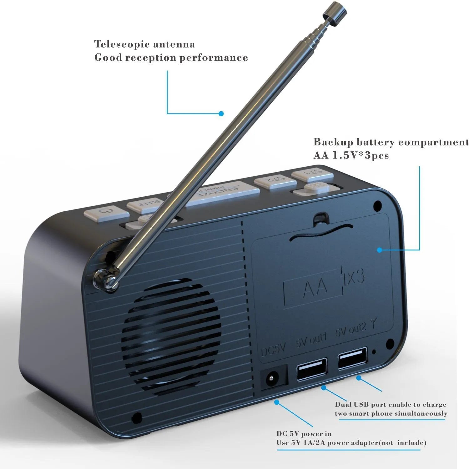 Black DAB bedside alarm clock with large LED display, pig tail antenna, and USB ports on a wooden table.