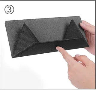 Blue foldable laptop cooling stand with anti-slip surface, shown open and closed, next to a laptop.