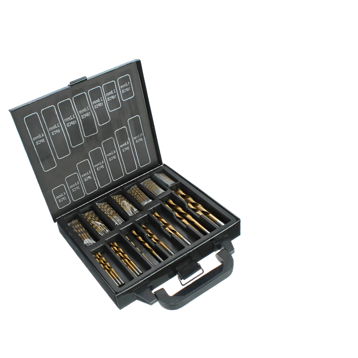 Set of high speed steel titanium plated twist drills in black finish with various sizes