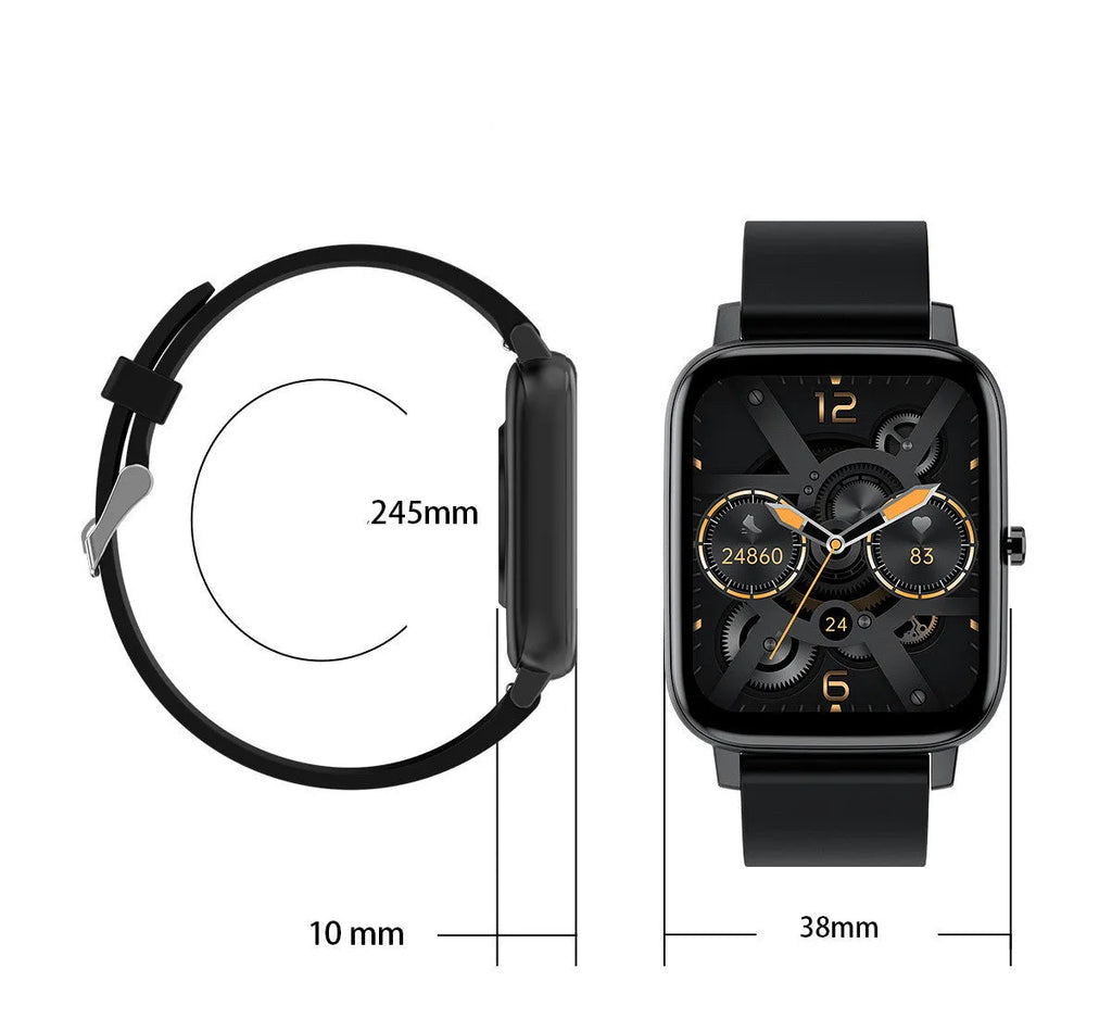 H80 black smart watch on wrist showing heart rate graph on its 1.69-inch spherical tempered glass screen.