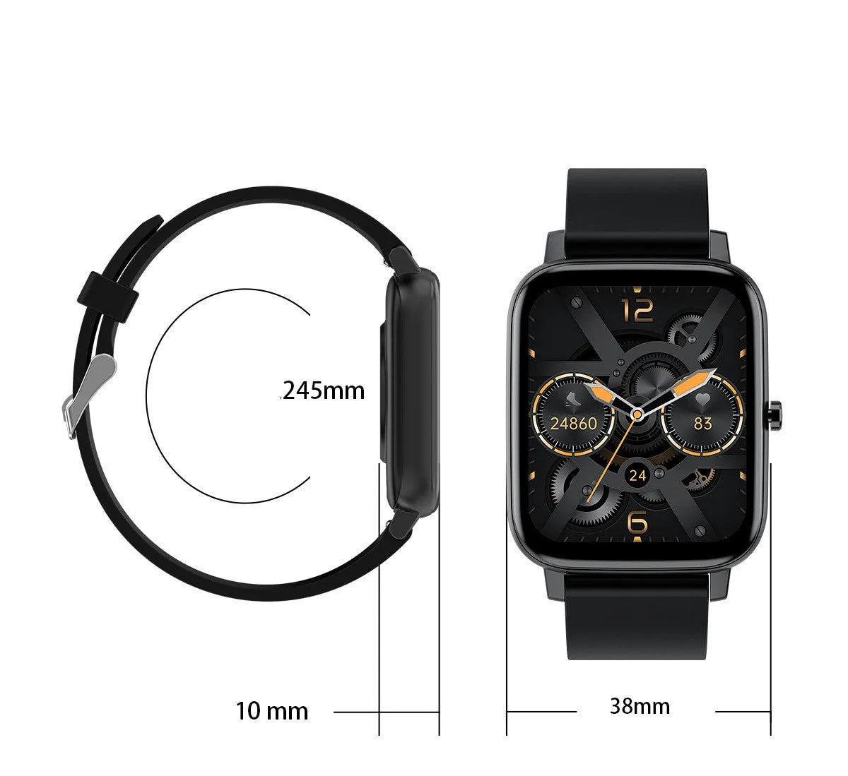 H80 black smart watch on wrist showing heart rate graph on its 1.69-inch spherical tempered glass screen.