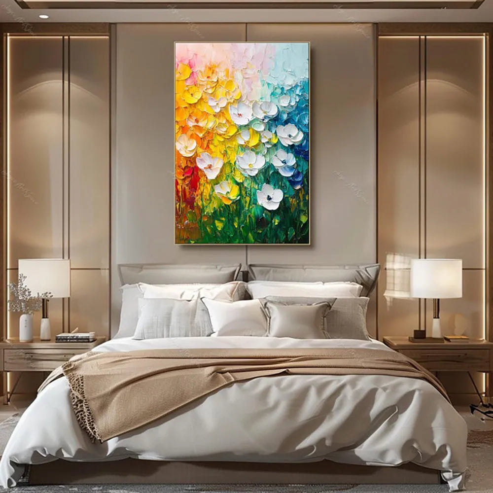 Handmade oil painting on canvas with thick oil texture, vertical modern abstract flower design, rolled and unframed.