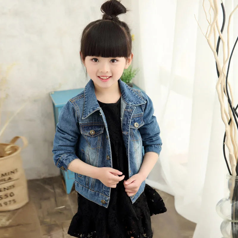 Children's dark blue cotton ripped denim jacket with hood, front view, single breasted style