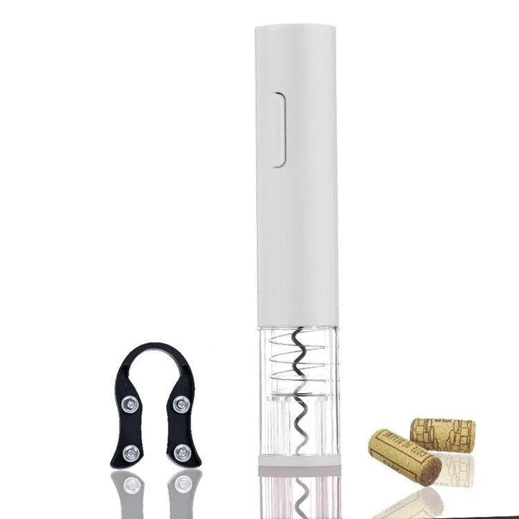 Black electric wine opener with automatic corkscrew and foil cutter on white background