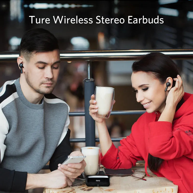 Black and white TWS wireless Bluetooth earbuds with charging case, showing discreet in-ear design.