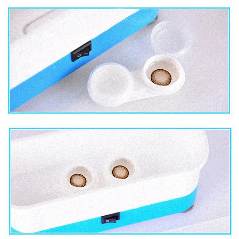 Blue plastic analog ultrasonic cleaner for glasses and contact lenses, 17x6x8 cm, with suction cups on a table