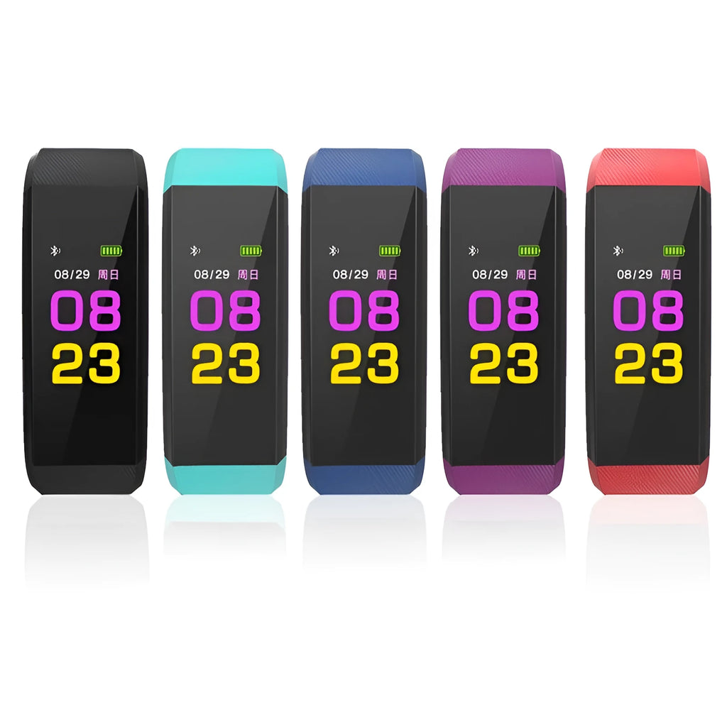 115plus smart wristband with 0.96in colour screen, TPU strap, heart rate monitor, available in black, blue, green, purple, red