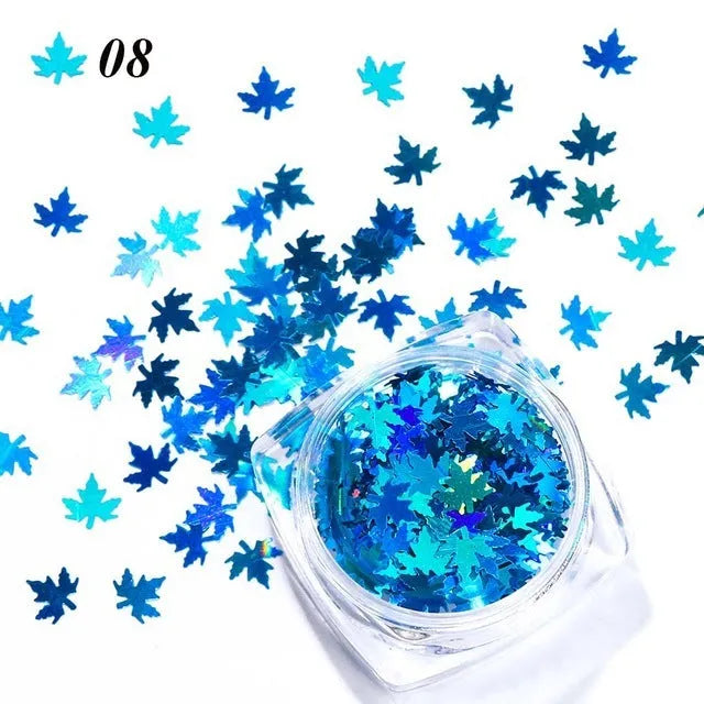 Gradient maple leaf nail sequins in mixed colours with leaf drop shape for autumn nail art decoration